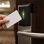 Tamu hotel mendekatkan kartu RFID ke handle pintu kamar Stedy