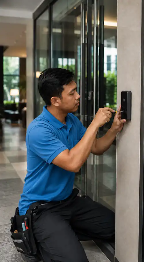 Teknisi Titantek memasang akses kontrol pintu di gedung perkantoran dan hotel Medan