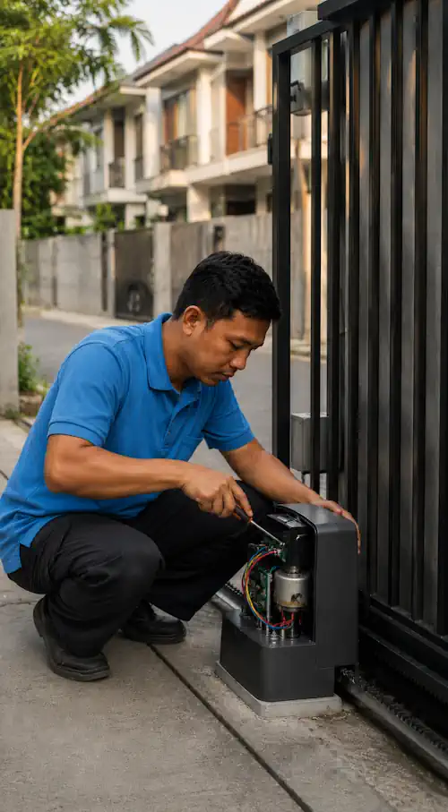 Teknisi Titantek memasang pagar otomatis di kawasan perumahan dan ruko Medan