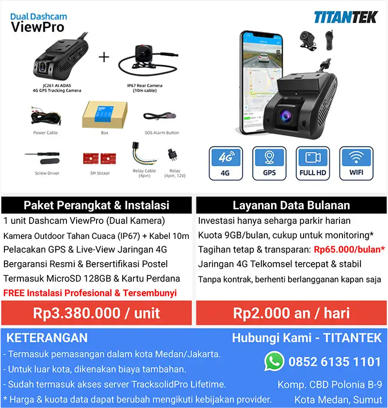 Harga paket dashcam GPS ViewPro untuk pantau truk sawit di Medan