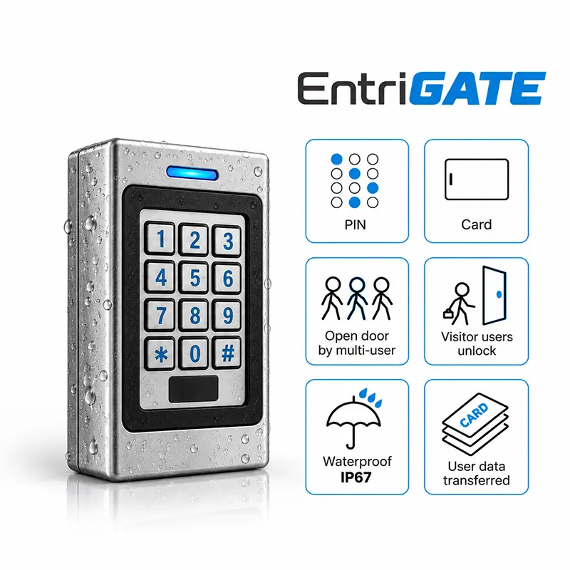 Akses kontrol outdoor EntriGATE tahan hujan IP67 dengan keypad dan kartu