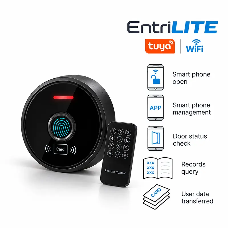 Akses kontrol EntriLITE bentuk bulat dengan sidik jari, kartu, dan remote control