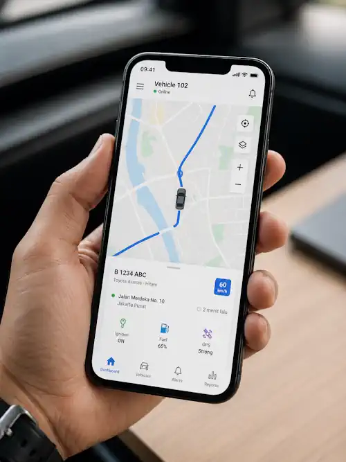 Aplikasi mobile menampilkan pelacakan posisi kendaraan secara real-time di peta