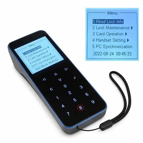 Portable handset untuk sinkronisasi jam kunci hotel dan pembacaan audit trail